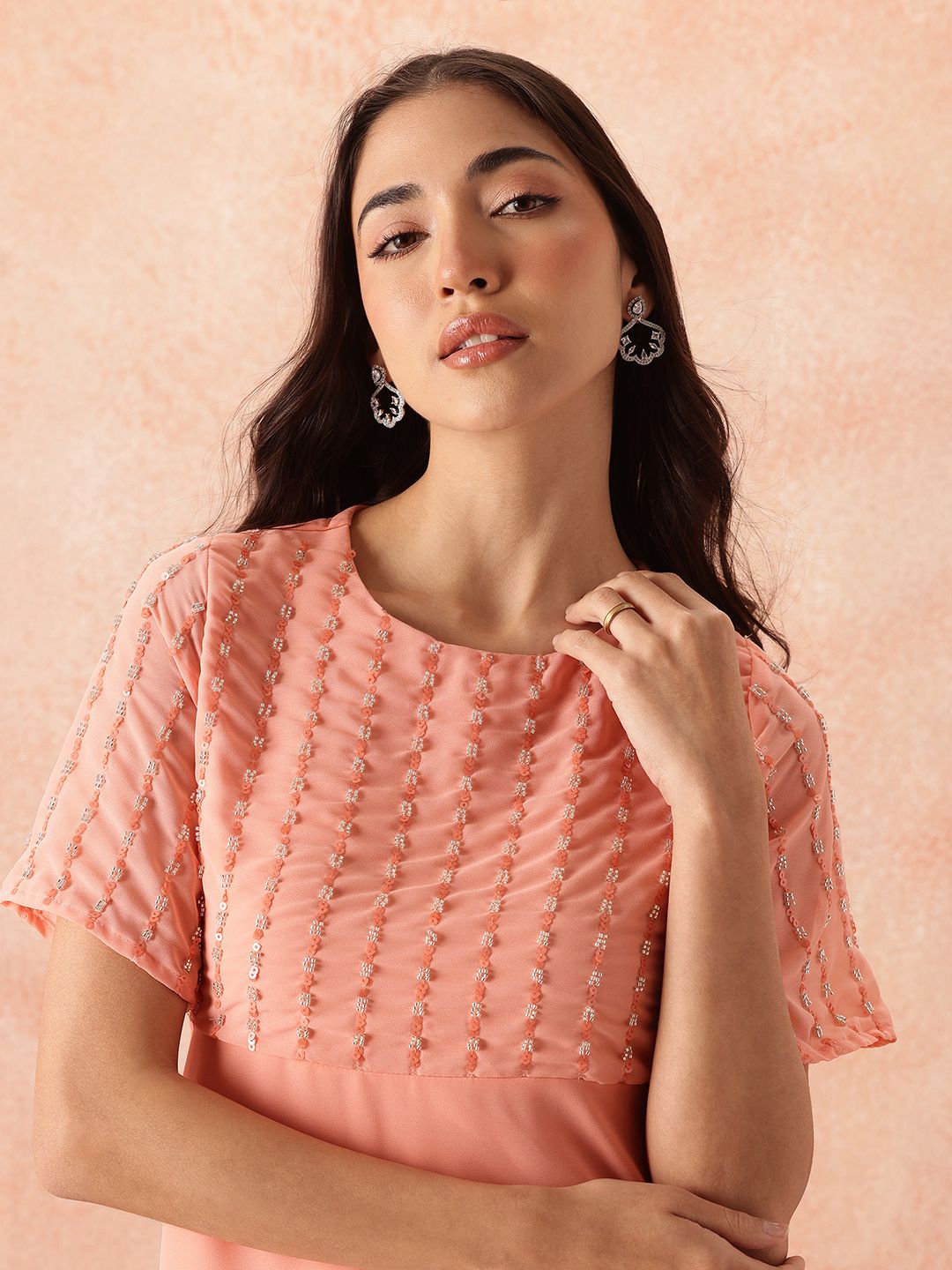 all about you Sequined Flared Sleeves Fit & Flare Dress