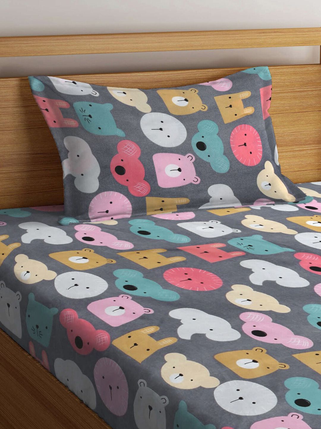 KLOTTHE Book Fold Grey & Pink Printed 300TC Single Bedsheet With 1 Pillow Cover