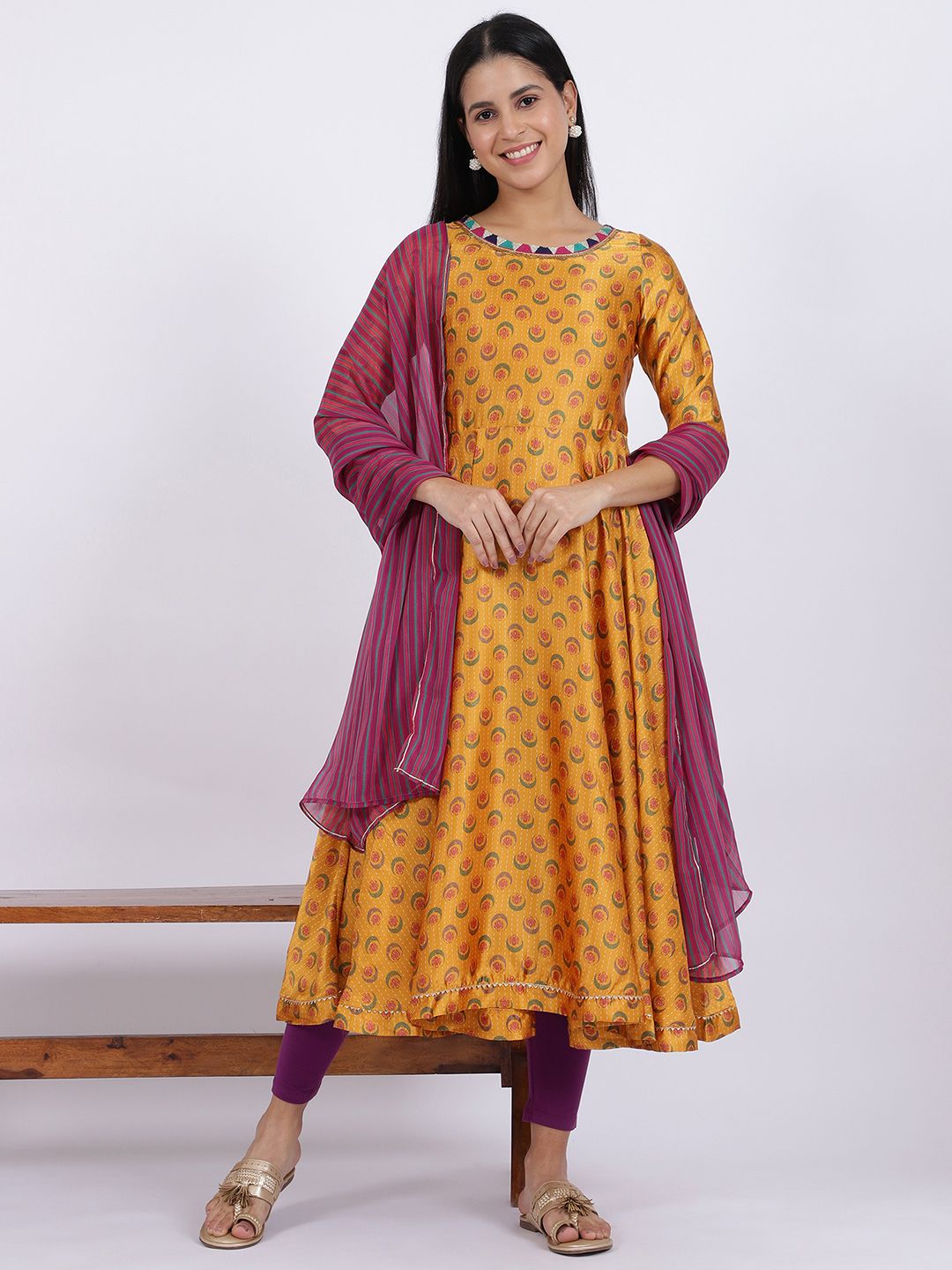 W Yellow Ethnic Motifs Printed Regular Sequinned Kurta With Leggings And Dupatta