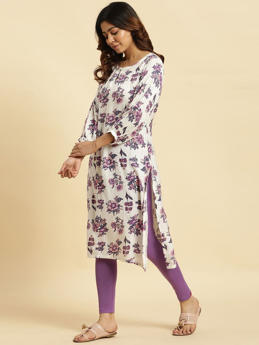 W Floral Printed Keyhole Neck Flared Sleeves Sequinned Straight Kurta