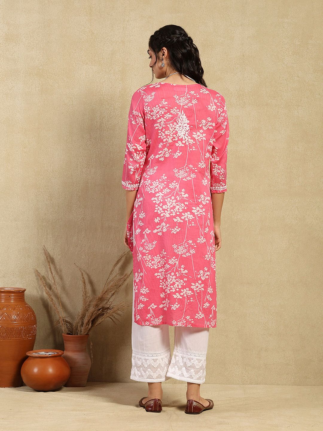 House of Chikankari Women Pink Mulmul Chikankari Embroidered Kurta