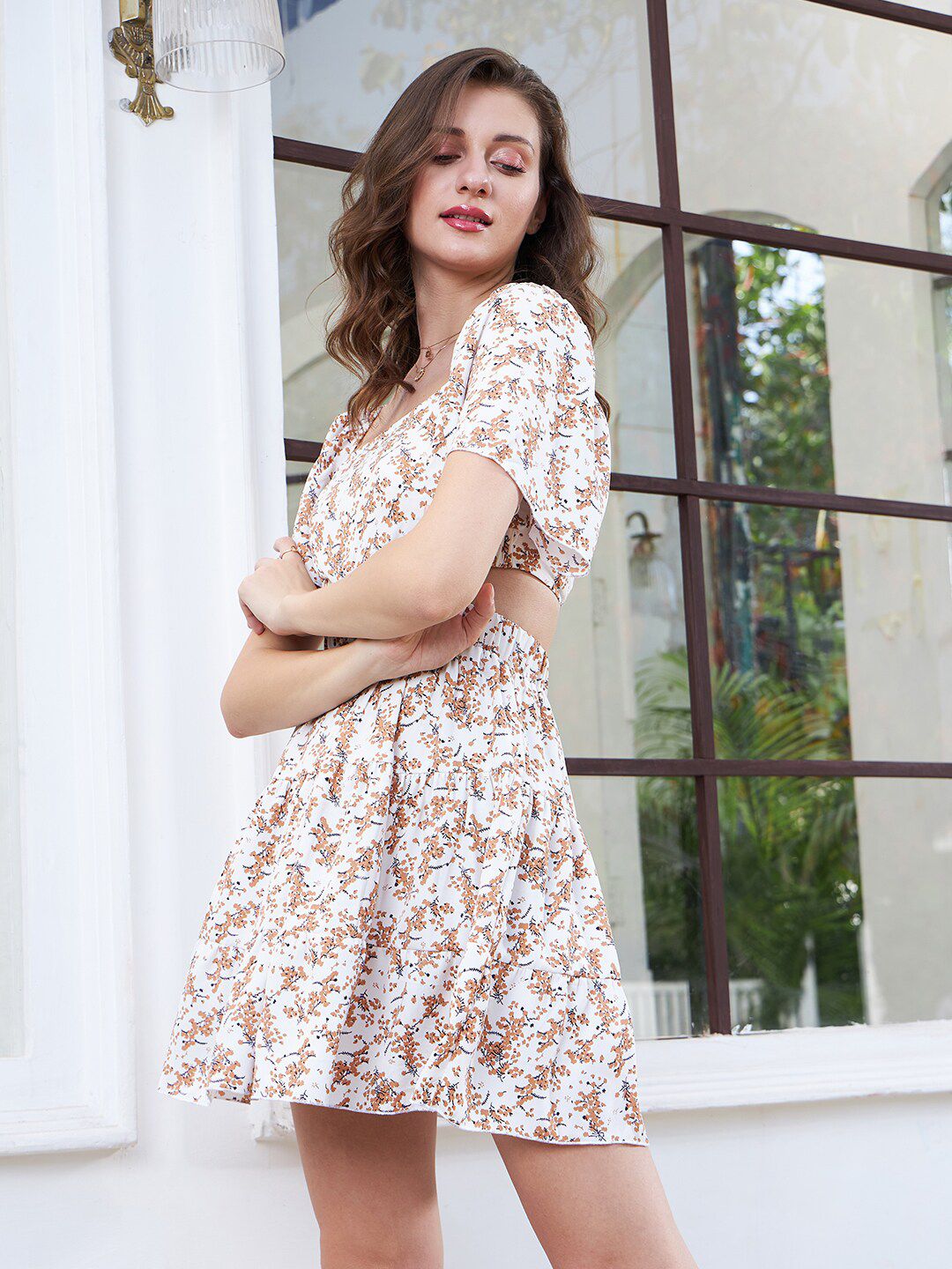 Berrylush Floral Print Flutter Sleeve Crepe Fit & Flare Dress