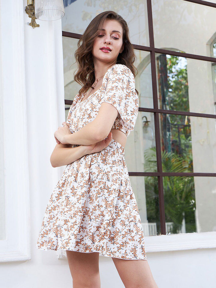 Berrylush Floral Print Flutter Sleeve Crepe Fit & Flare Dress