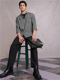 Locomotive Men Grey Linen Blend Textured Checked Regular Shirt