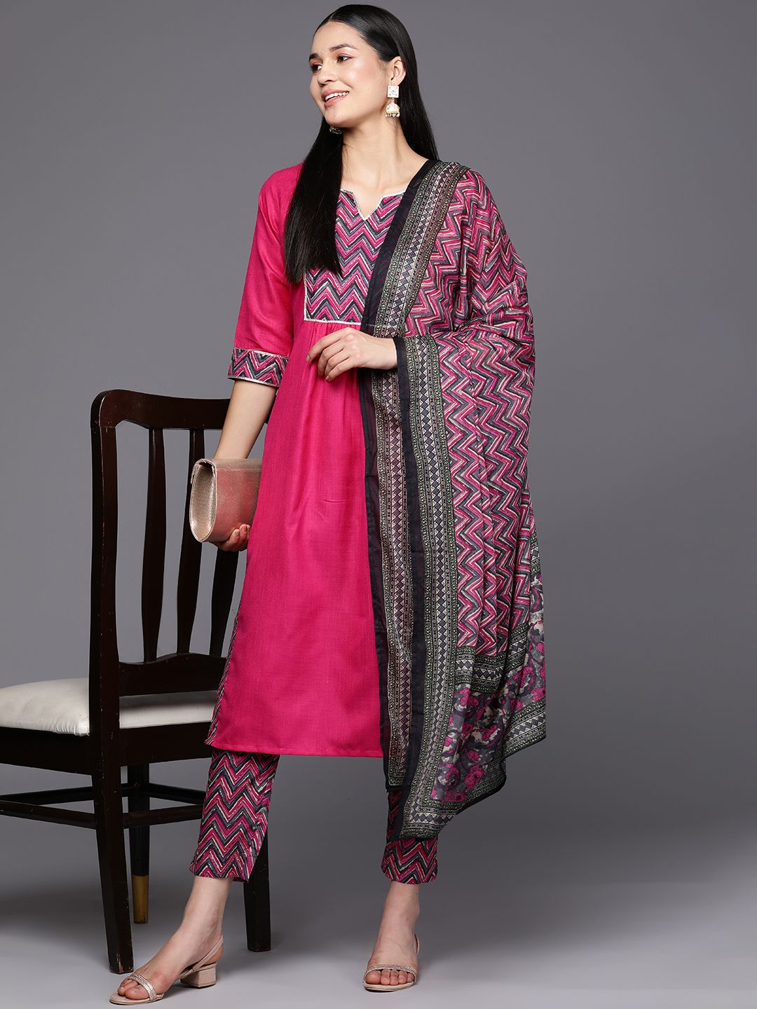 Libas Women Pink Yoke Design Gotta Patti Kurta with Trousers & With Dupatta