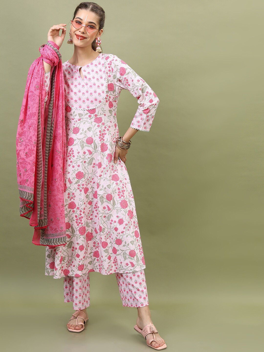 Vishudh Women Floral Pure Cotton Kurta with Trouser and Dupatta