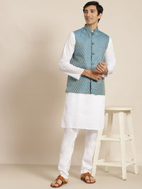 SOJANYA Men White Chikankari Pure Cotton Kurta with Churidar & Nehru Jacket