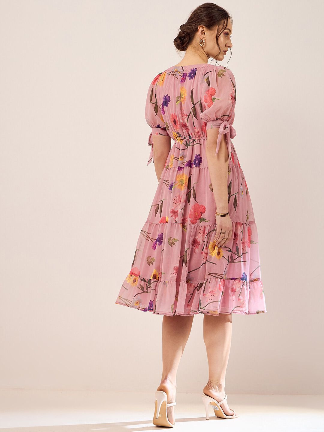 Antheaa Floral Printed V-Neck Puff Sleeves Beads Detail Chiffon Fit & Flare Dress