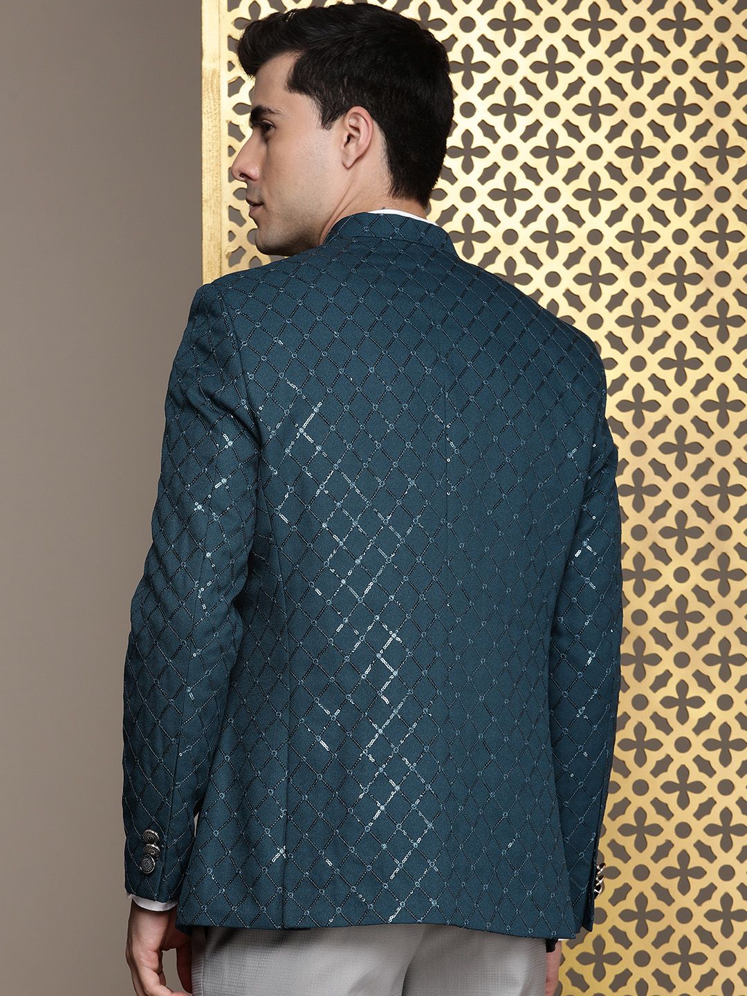 House of Pataudi Jashn Mandarin Collar Textured Sequinned Bandhgala Blazer