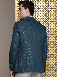 House of Pataudi Jashn Mandarin Collar Textured Sequinned Bandhgala Blazer