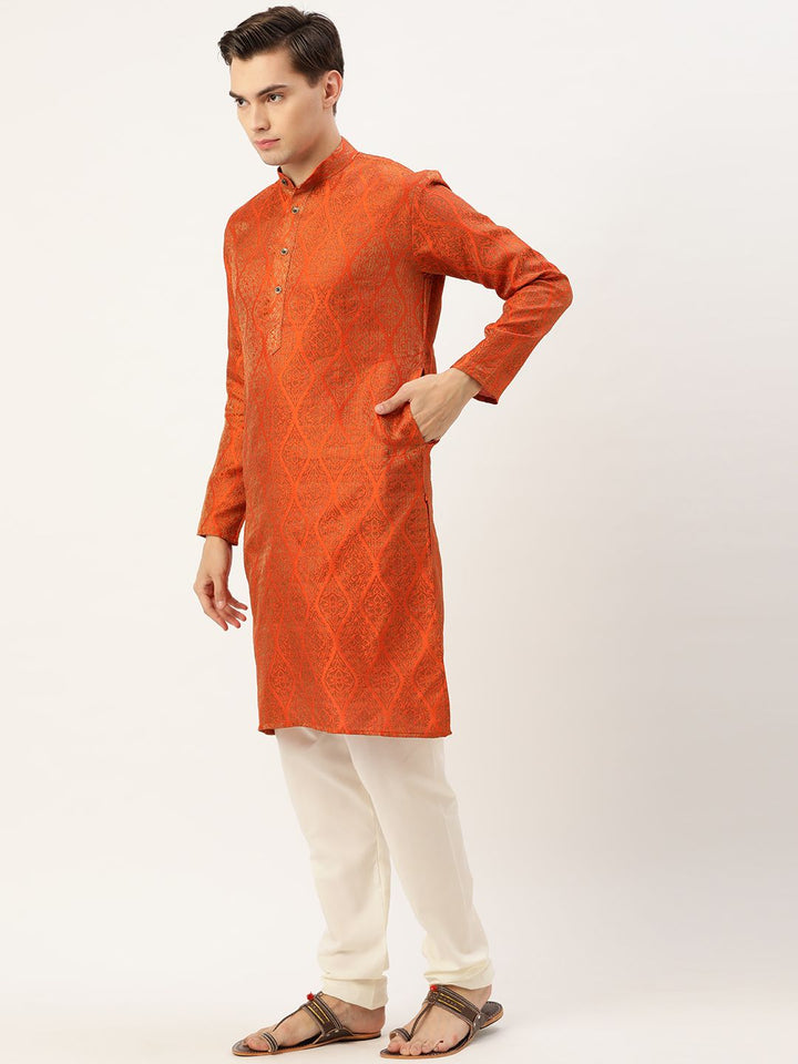 SOJANYA Men Orange Self-Design Kurta with Churidar & Nehru Jacket