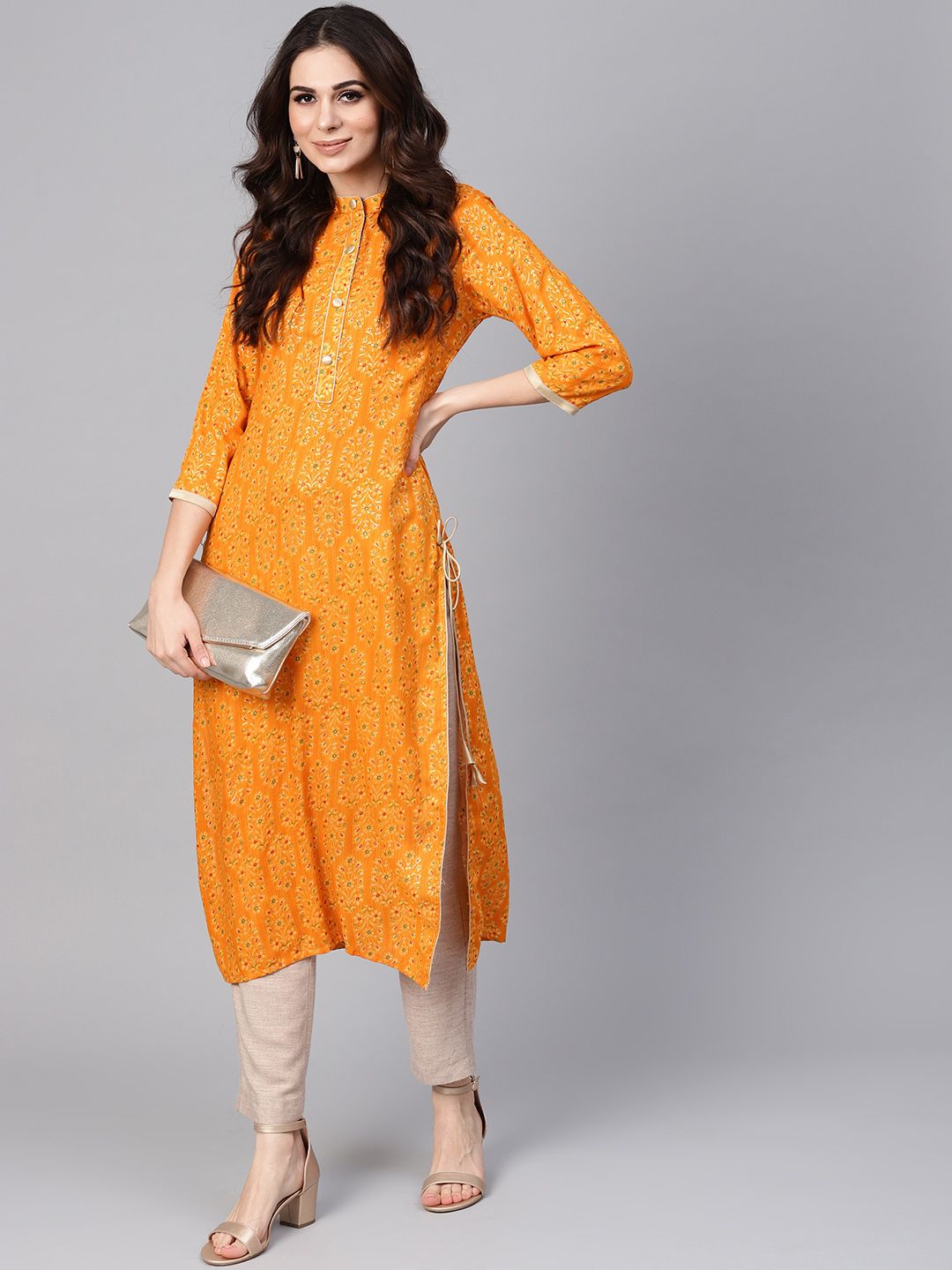 Libas Women Mustard Yellow Printed Straight Kurta