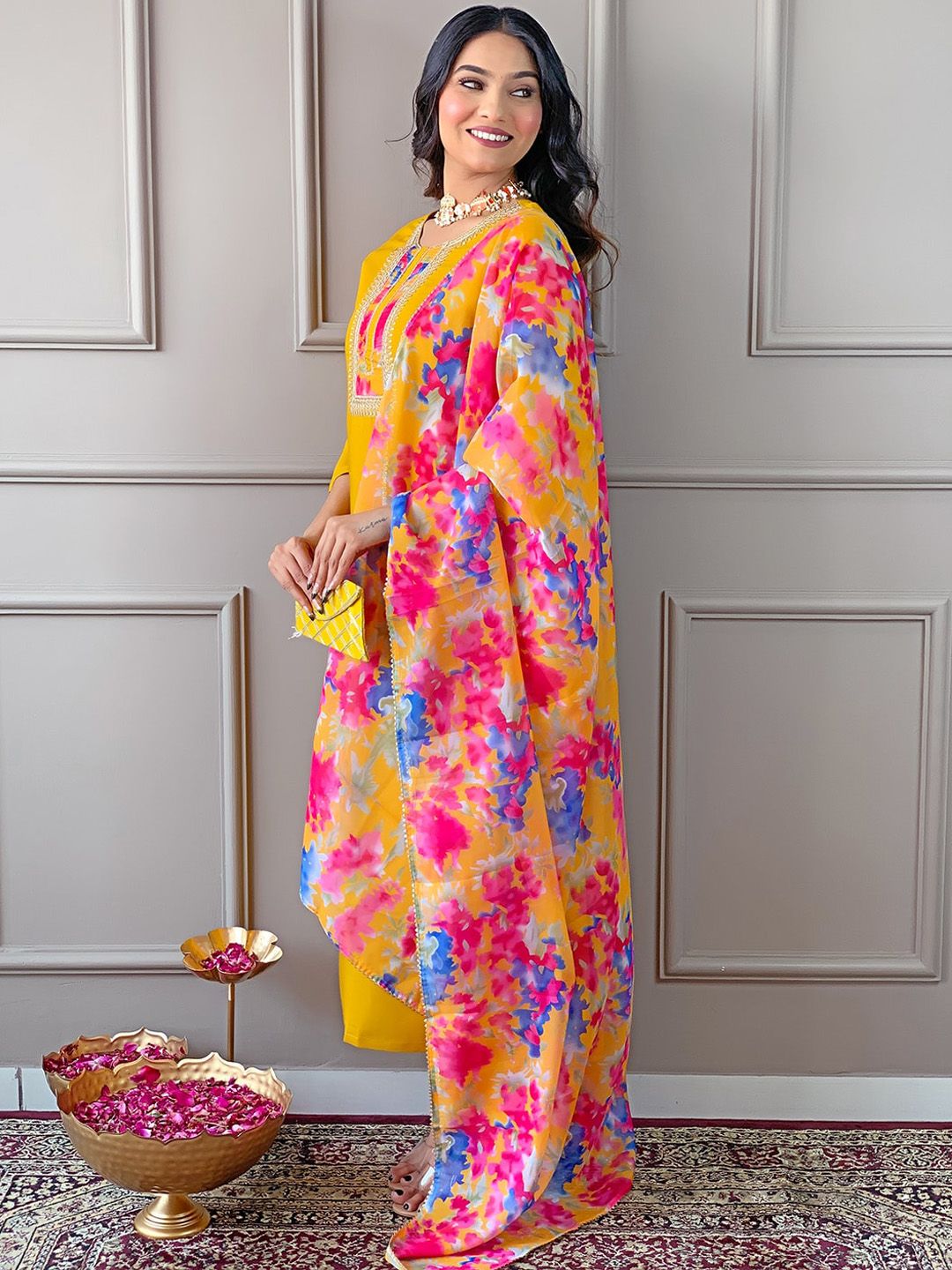 KALINI Ethnic Motifs Yoke Design Thread Work Straight Kurta with Trousers & With Dupatta