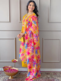 KALINI Ethnic Motifs Yoke Design Thread Work Straight Kurta with Trousers & With Dupatta