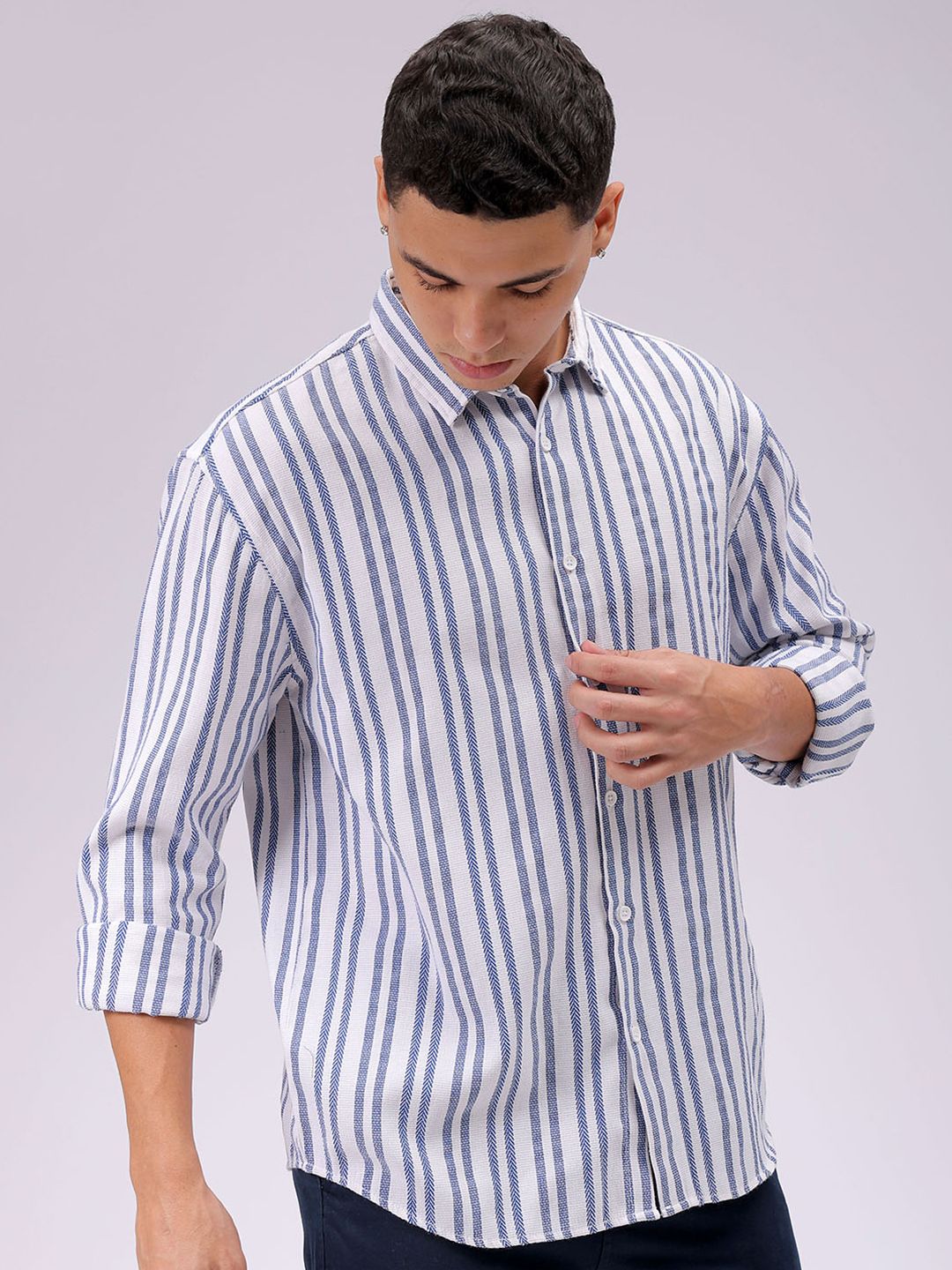 The Indian Garage Co Men Relaxed Fit Striped Dobby Textured Resortwear Shirt