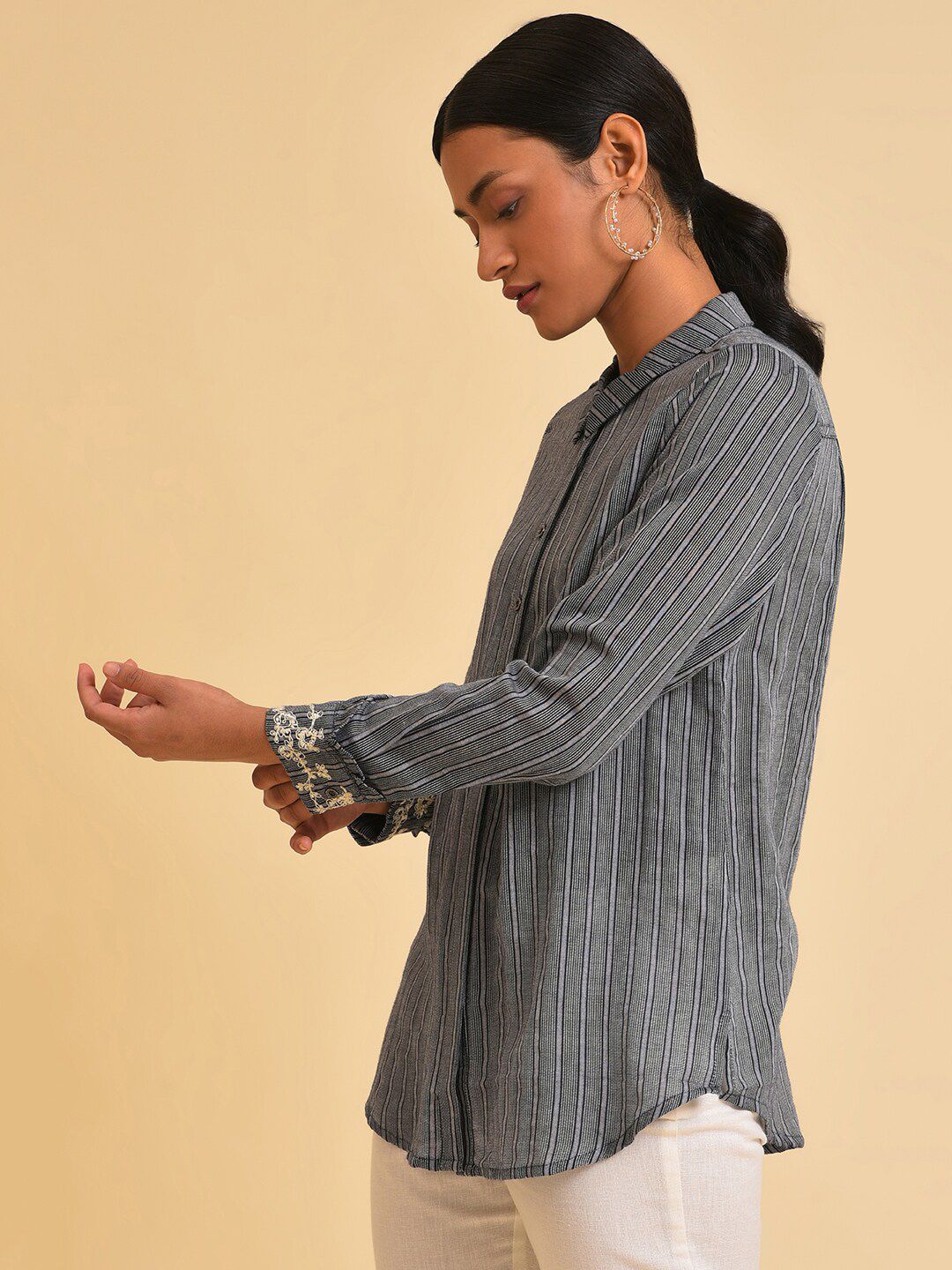 W Grey Striped Embroidered Pure Cotton Shirt Style Top