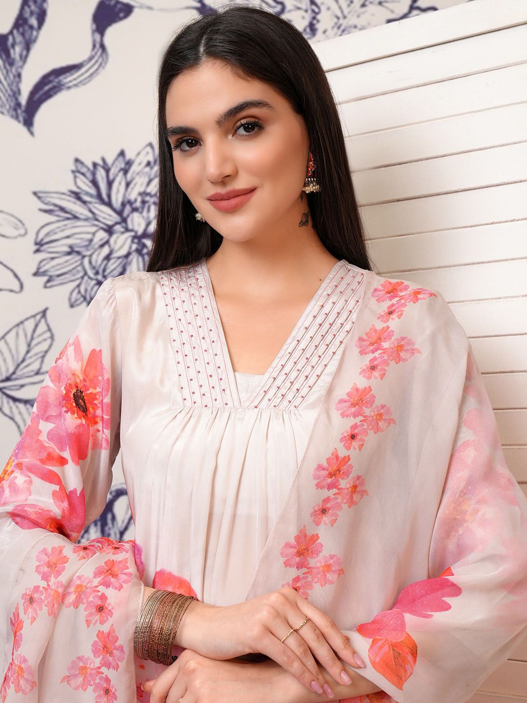 Vishudh Floral Printed Pleated Beads and Stones Kurta with Trouser & Dupatta