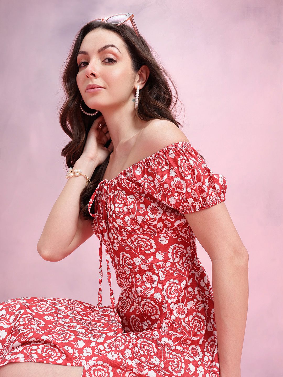 DressBerry Floral Printed Off-Shoulder Puff Sleeve Empire Dress with Slit Detail