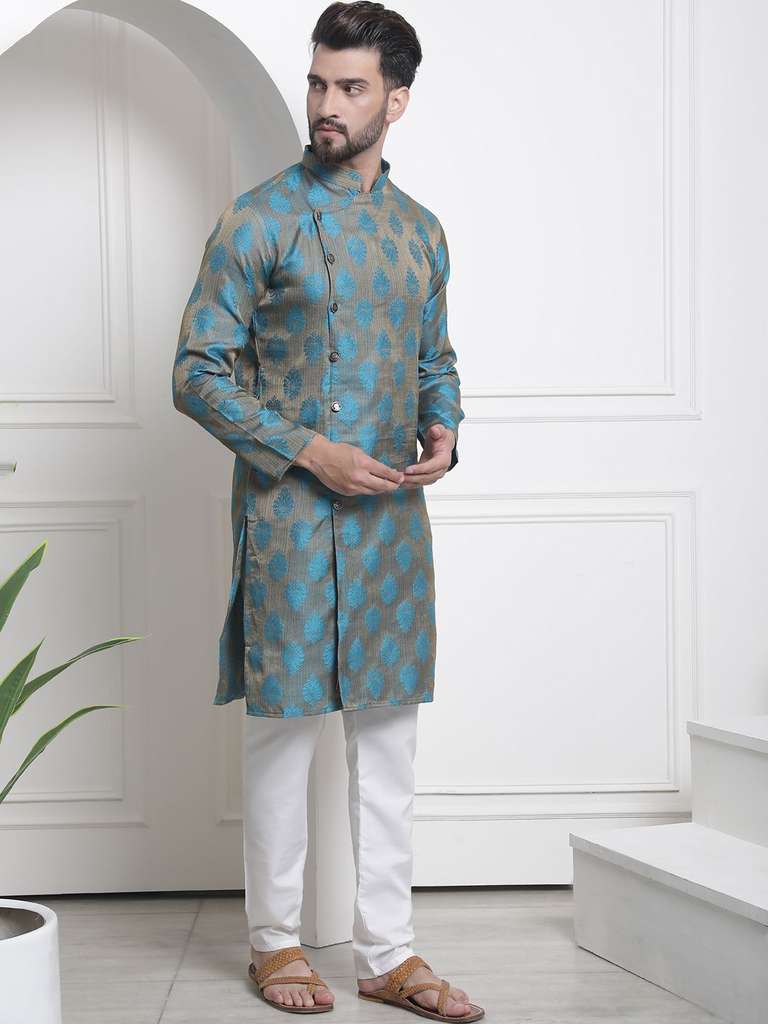 SOJANYA Woven Design Mandarin Collar Angrakha Kurta with Churidar