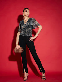 SASSAFRAS Grey Printed Bell Sleeve Smocked Georgette Top
