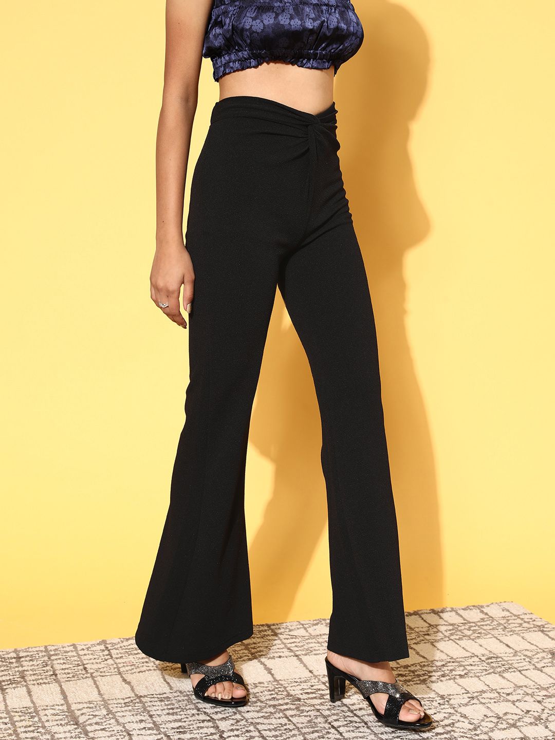 SASSAFRAS Women Classic Black Solid Graduated Flared Trousers