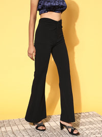 SASSAFRAS Women Classic Black Solid Graduated Flared Trousers