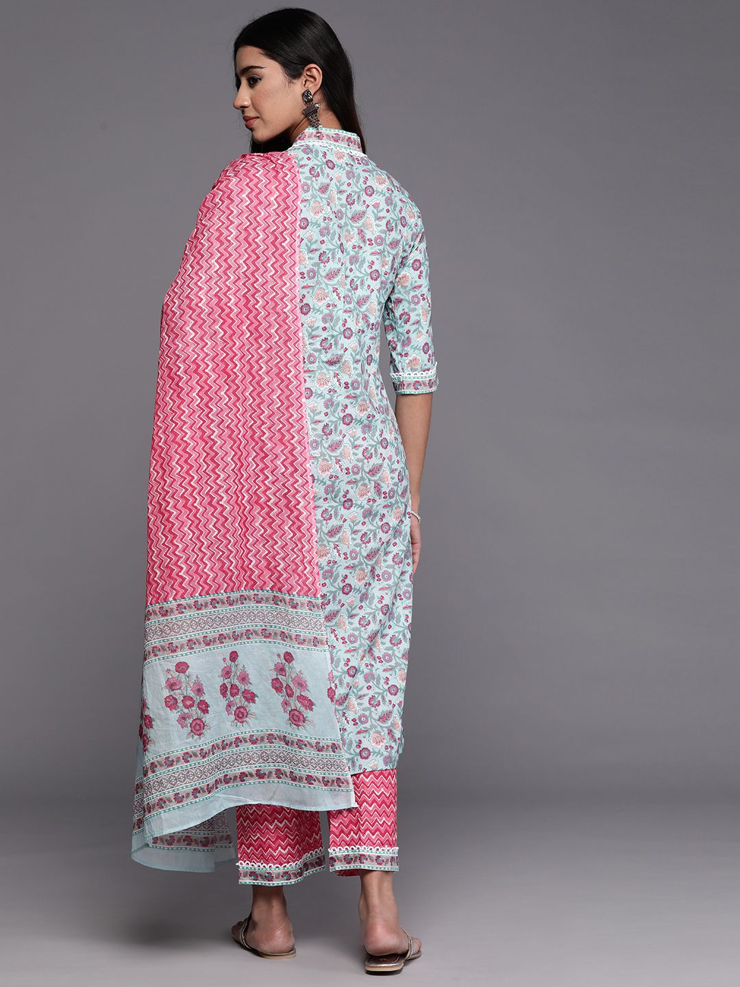 Libas Women Floral Printed Pure Cotton Kurta with Trousers & Dupatta