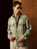 Locomotive Premium Men Green Oversized Oxford Dobby Textured Checked Overshirt
