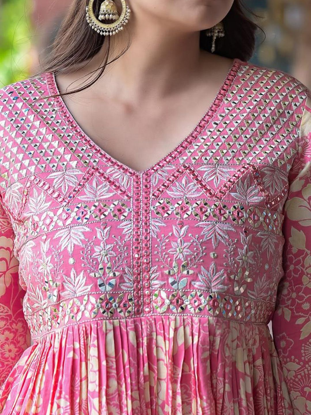 Varanga Floral Printed Mirror Work Anarkali Kurta With Sharara & Dupatta
