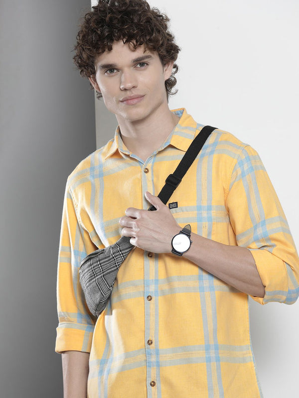 The Indian Garage Co Men Yellow & Blue Checked Pure Cotton Casual Shirt