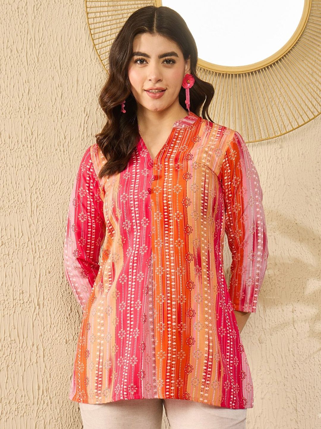 KALINI Women Floral Printed Mandarin Collar Top
