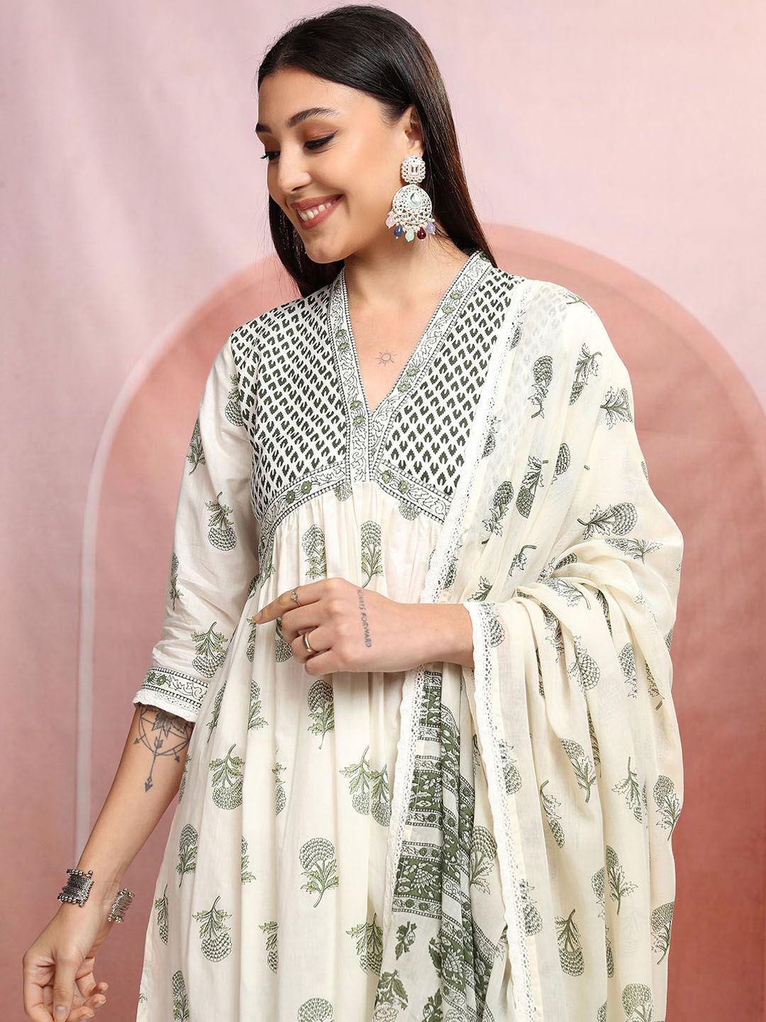 Vishudh Cream-Coloured Ethnic Motifs Printed Pure Cotton Kurta with Trousers & Dupatta
