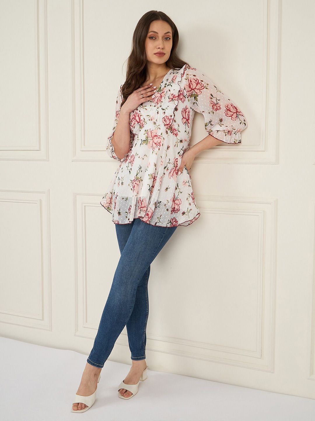 Antheaa Floral Print Puff Sleeve Ruffles Chiffon Wrap Top
