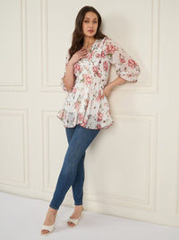 Antheaa Floral Print Puff Sleeve Ruffles Chiffon Wrap Top