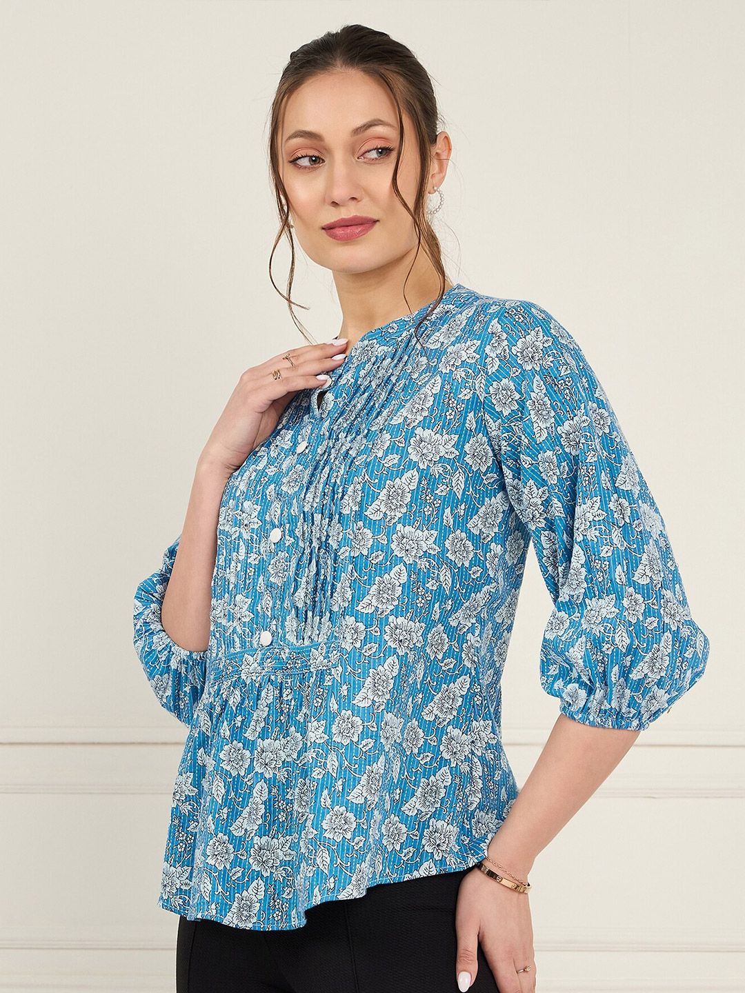 Antheaa Floral Print Mandarin Collar Pure Cotton Puff Sleeves Top