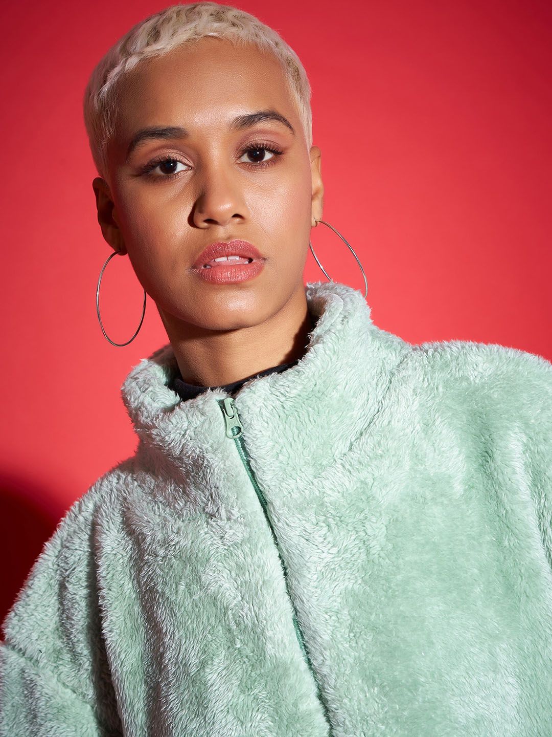 SASSAFRAS Stand Collar Faux Fur Trim Open Front Jacket