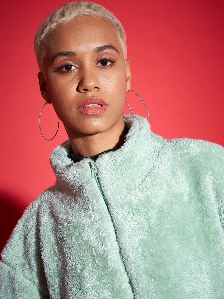 SASSAFRAS Stand Collar Faux Fur Trim Open Front Jacket