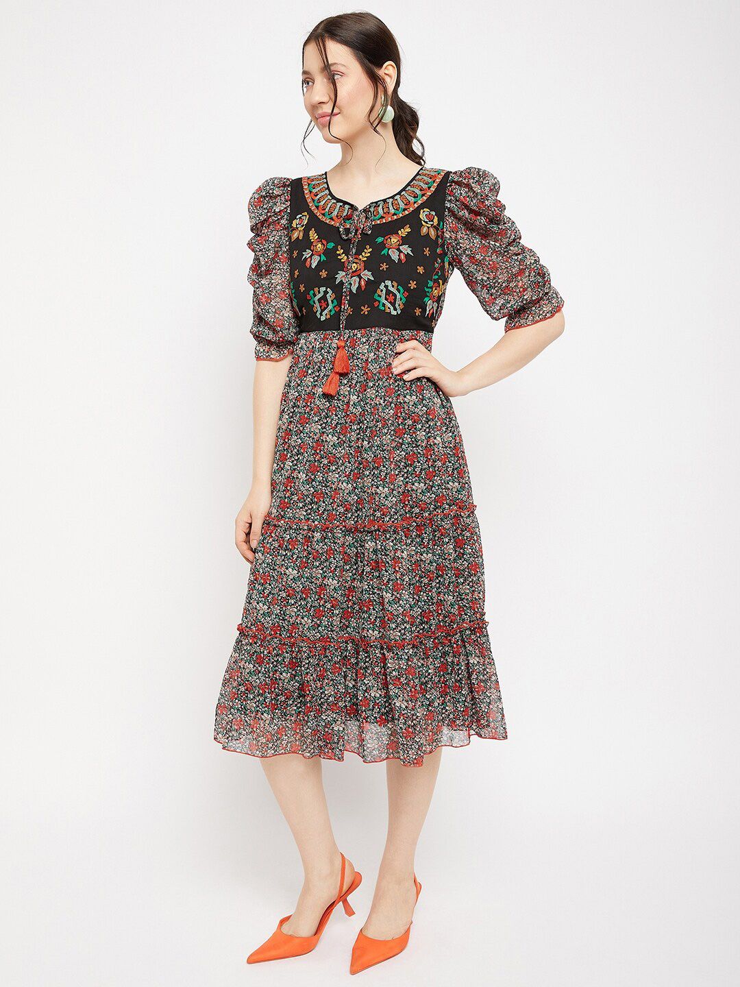 Antheaa Tie-Up Neck Floral Printed Embroidered Tiered Chiffon Fit & Flare Midi Dress