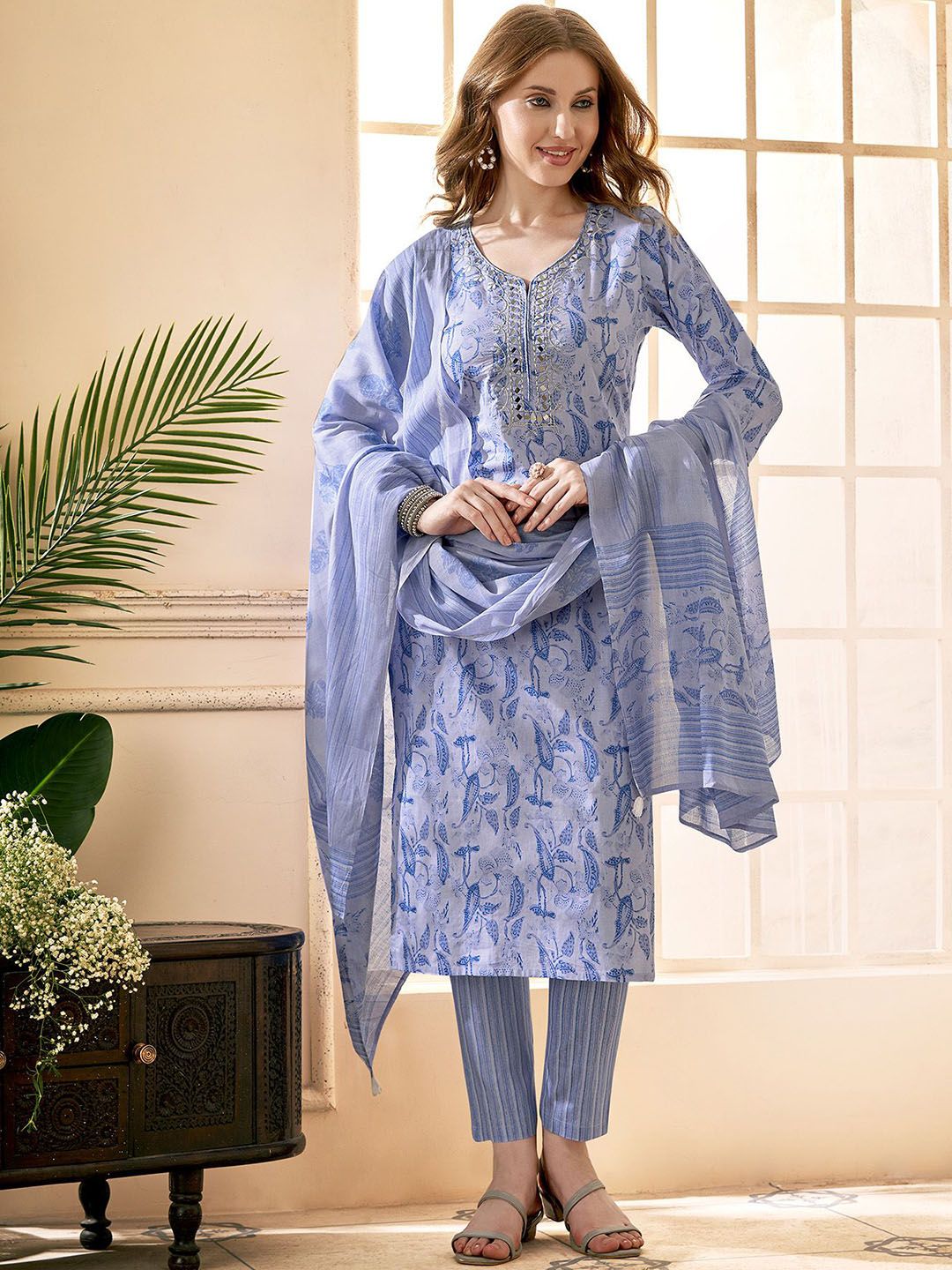 Anouk Blue Floral Embroidered Mirror Work V-Neck Pure Cotton Kurta With Trousers & Dupatta