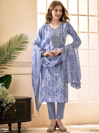 Anouk Blue Floral Embroidered Mirror Work V-Neck Pure Cotton Kurta With Trousers & Dupatta