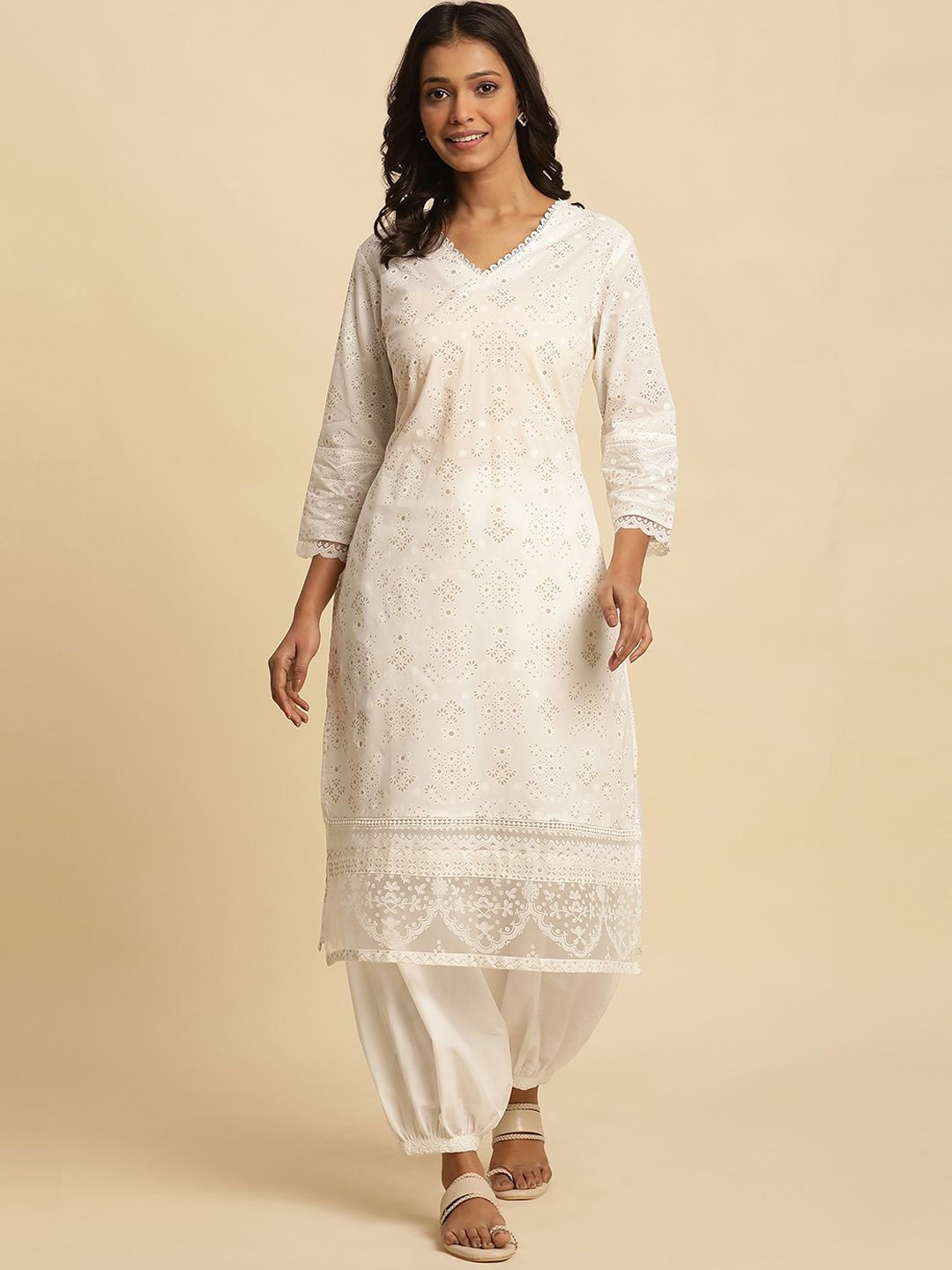 W Floral Printed V-Neck Cotton Kurta