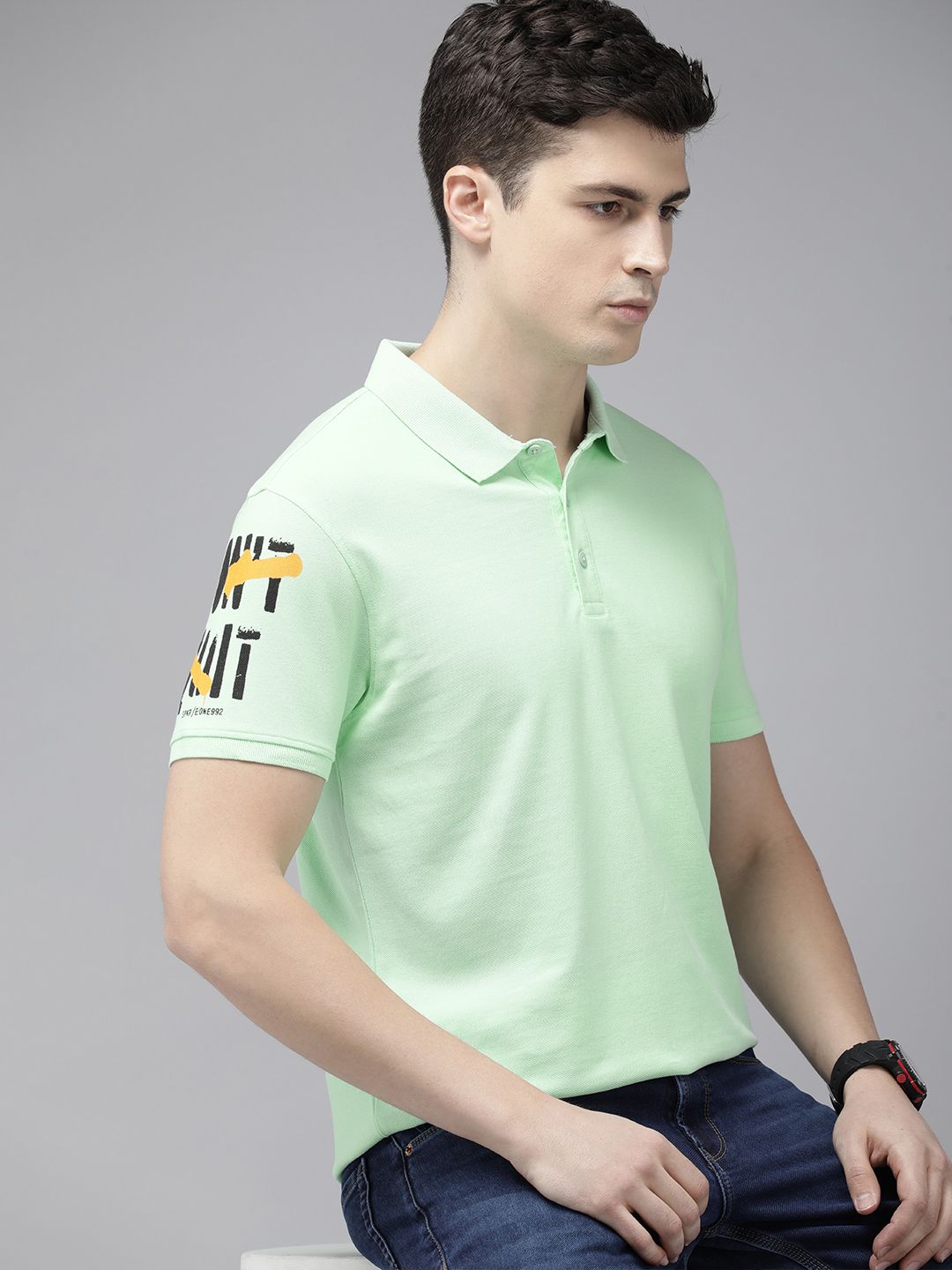 SPYKAR Pure Cotton Typography Printed Polo Collar Slim Fit T-shirt