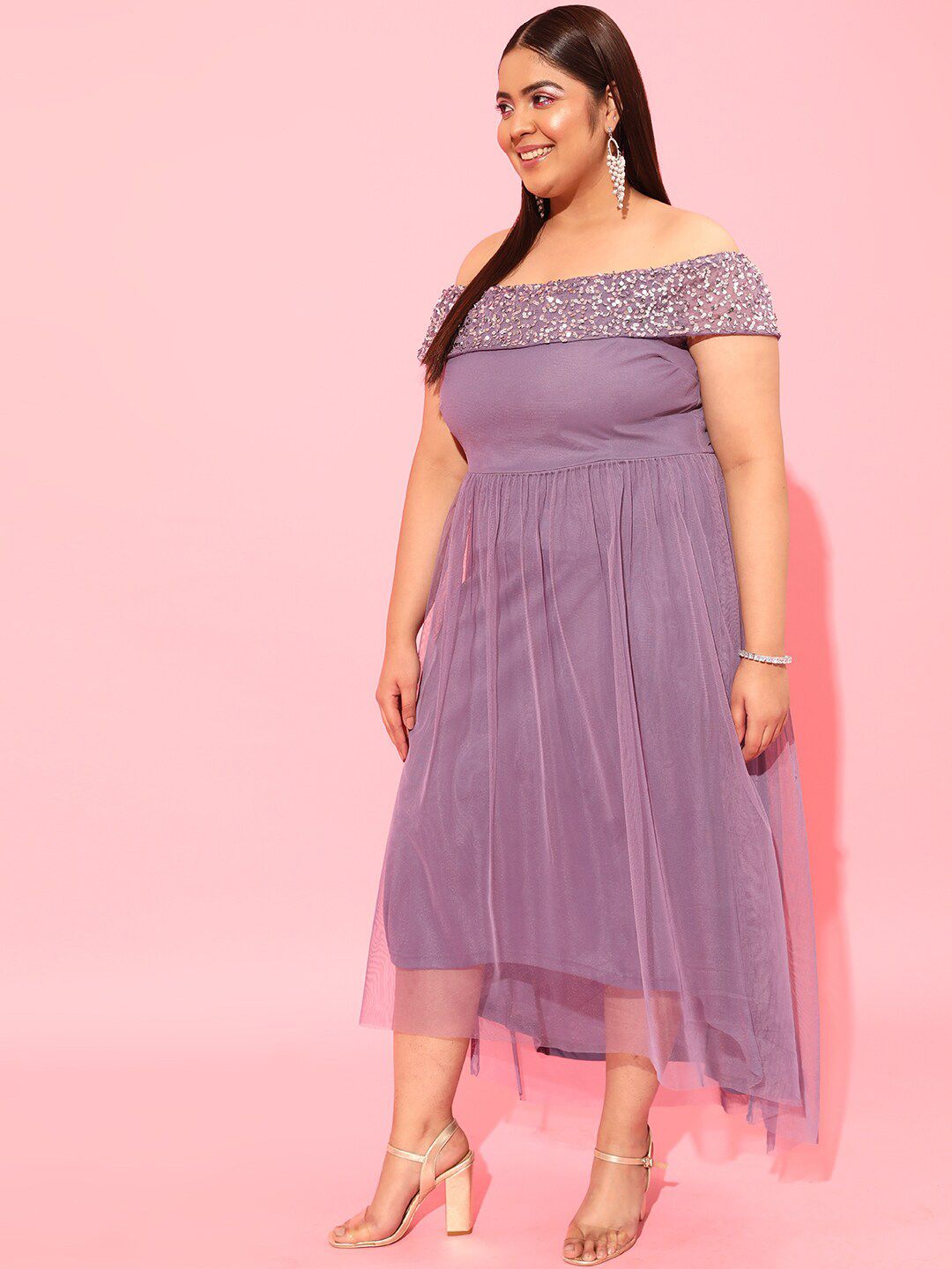 CURVY STREET Lavender Plus Size Off-Shoulder Net Dress