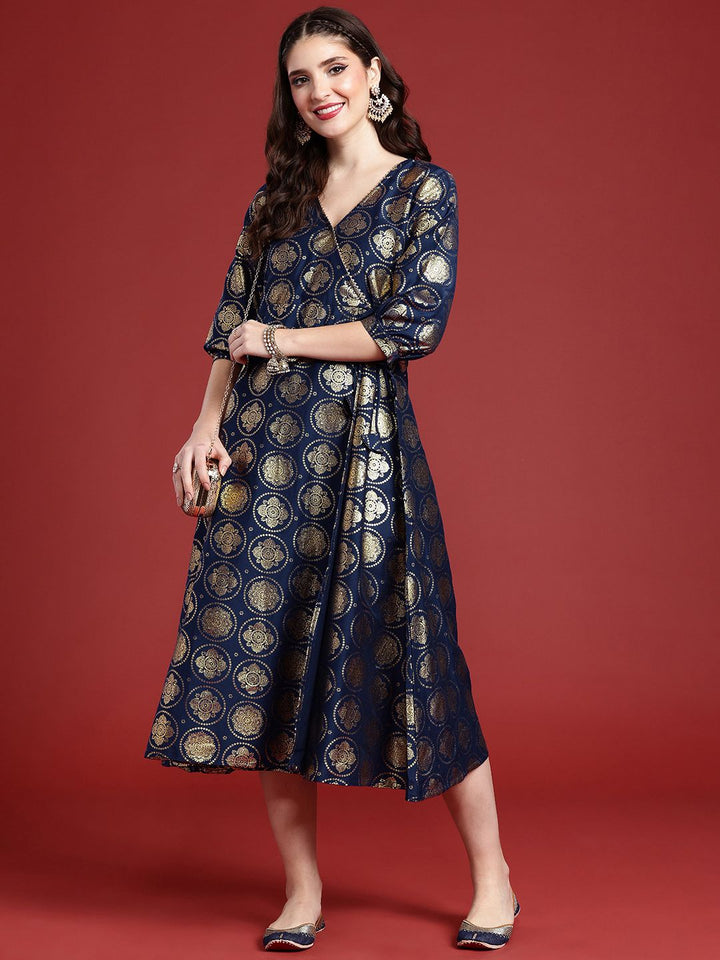 Anouk Ethnic Motifs Foil Printed Wrap Style A-Line Midi Ethnic Dress