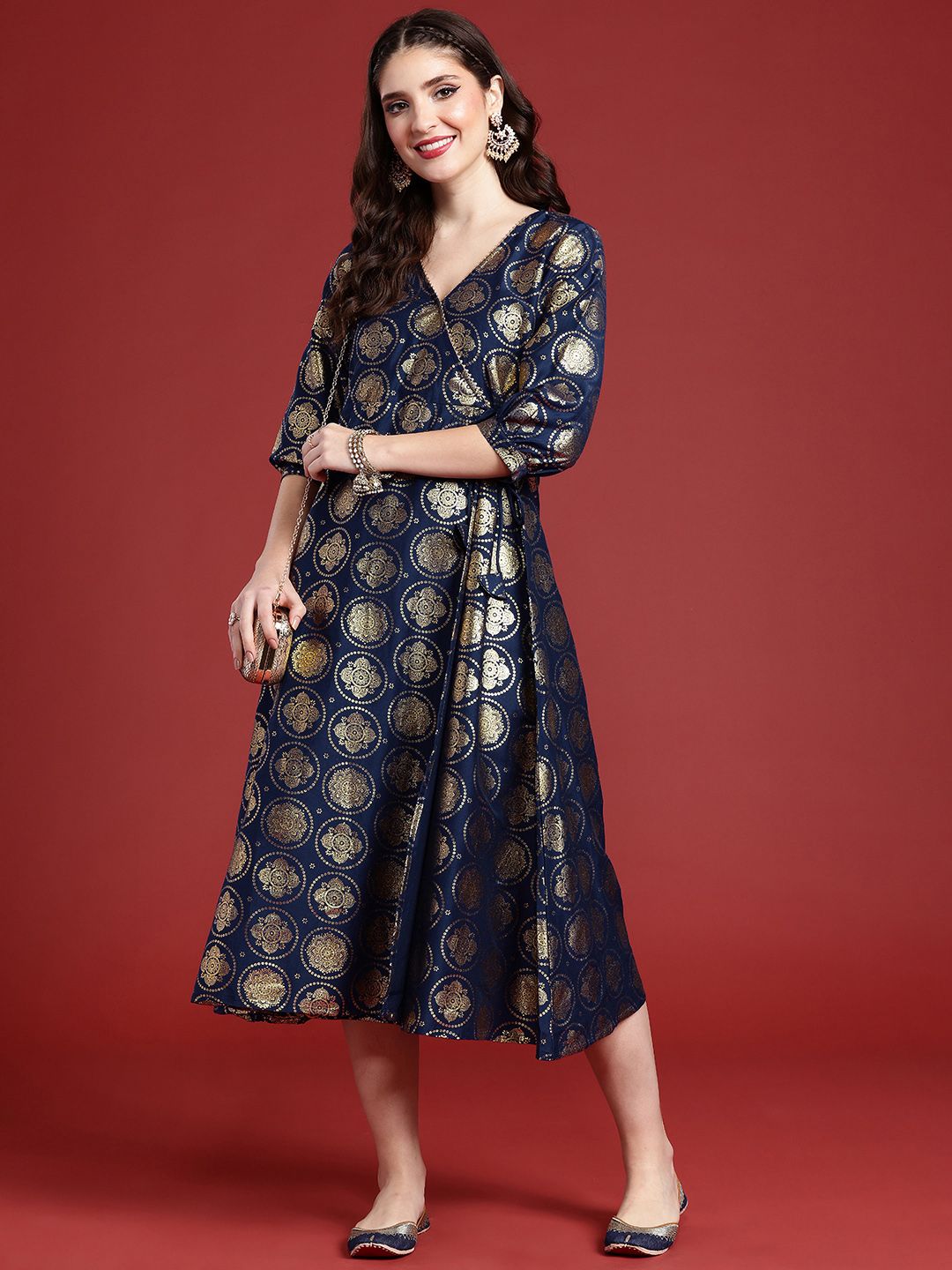 Anouk Ethnic Motifs Foil Printed Wrap Style A-Line Midi Ethnic Dress