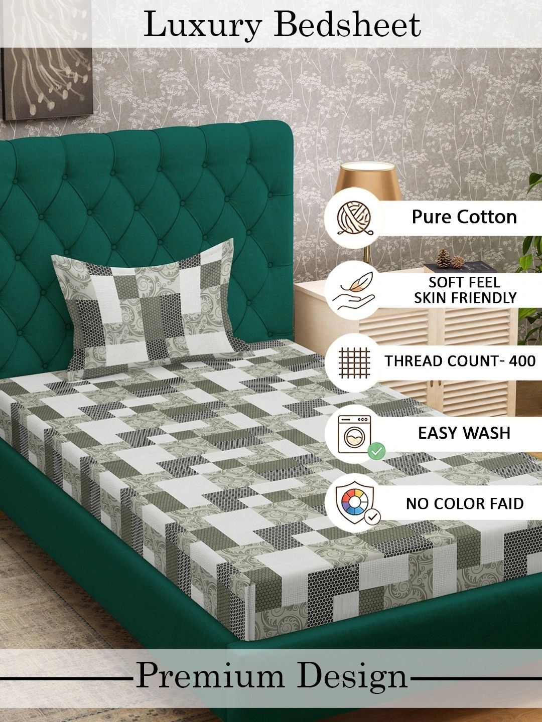 Myntra Elegant Homes Hijau Zaitun & Putih Geometrik 400 TC Cadar Tempat Tidur Single dengan 1 Sarung Bantal