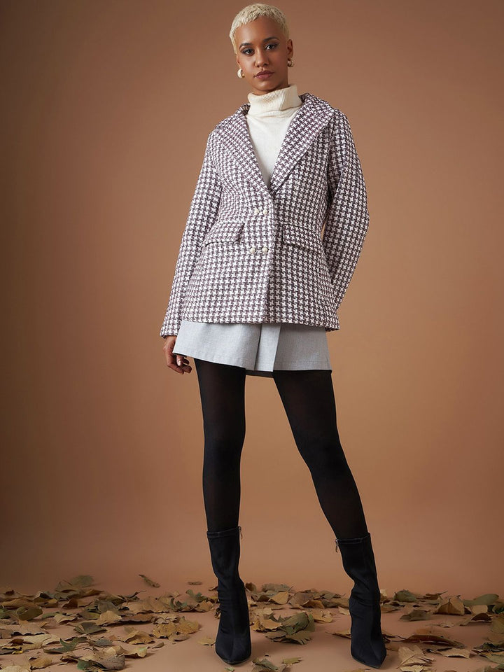 SASSAFRAS Burgundy Jacquard Tweed Peaked Lapel Long Sleeves Double-Breasted Casual Blazer