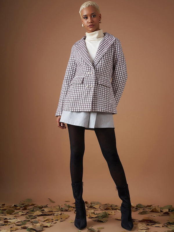 SASSAFRAS Burgundy Jacquard Tweed Peaked Lapel Long Sleeves Double-Breasted Casual Blazer