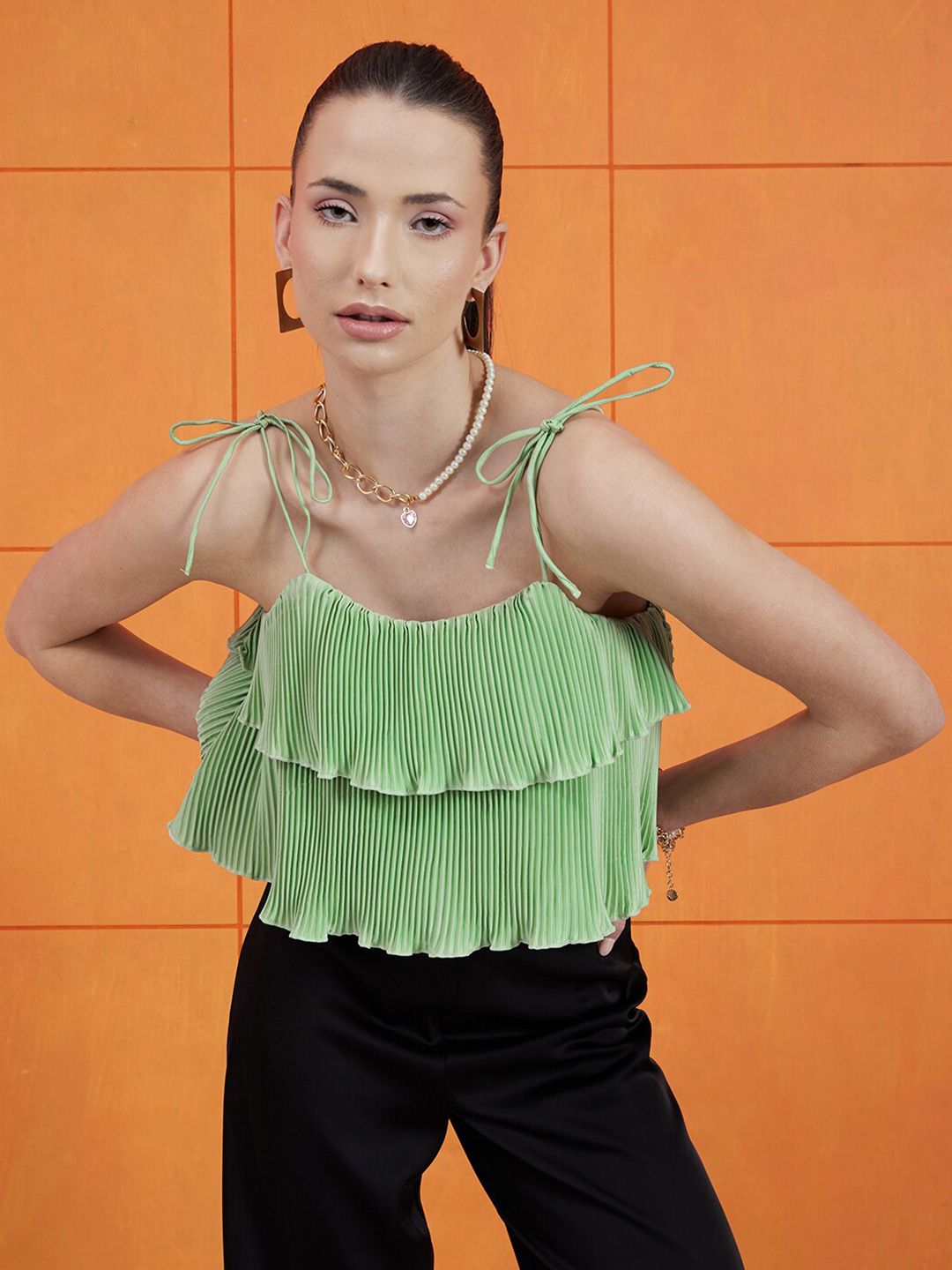 STREET 9 Green Shoulder Straps Layered Satin Tiered Crop Top