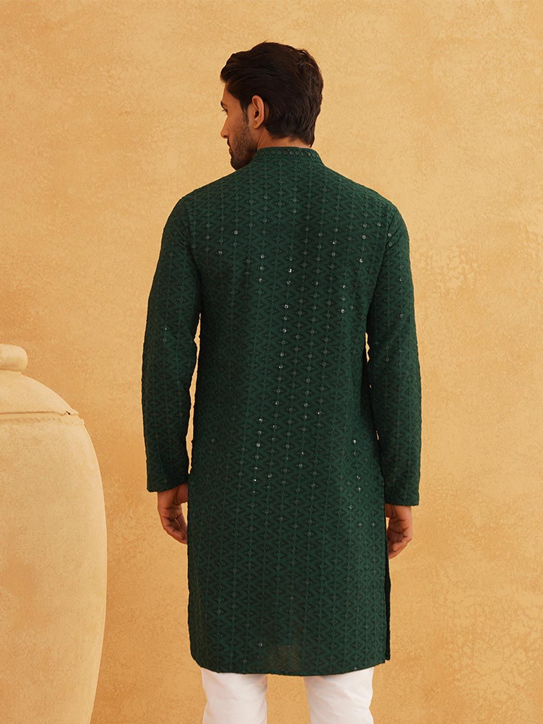 SOJANYA Embellished Mandarin Collar Sequinned Pure Cotton Kurta